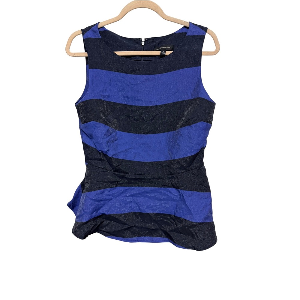 Banana Republic Size 8 Blue Black Stripe Peplum Top Sleeveless Party Blouse